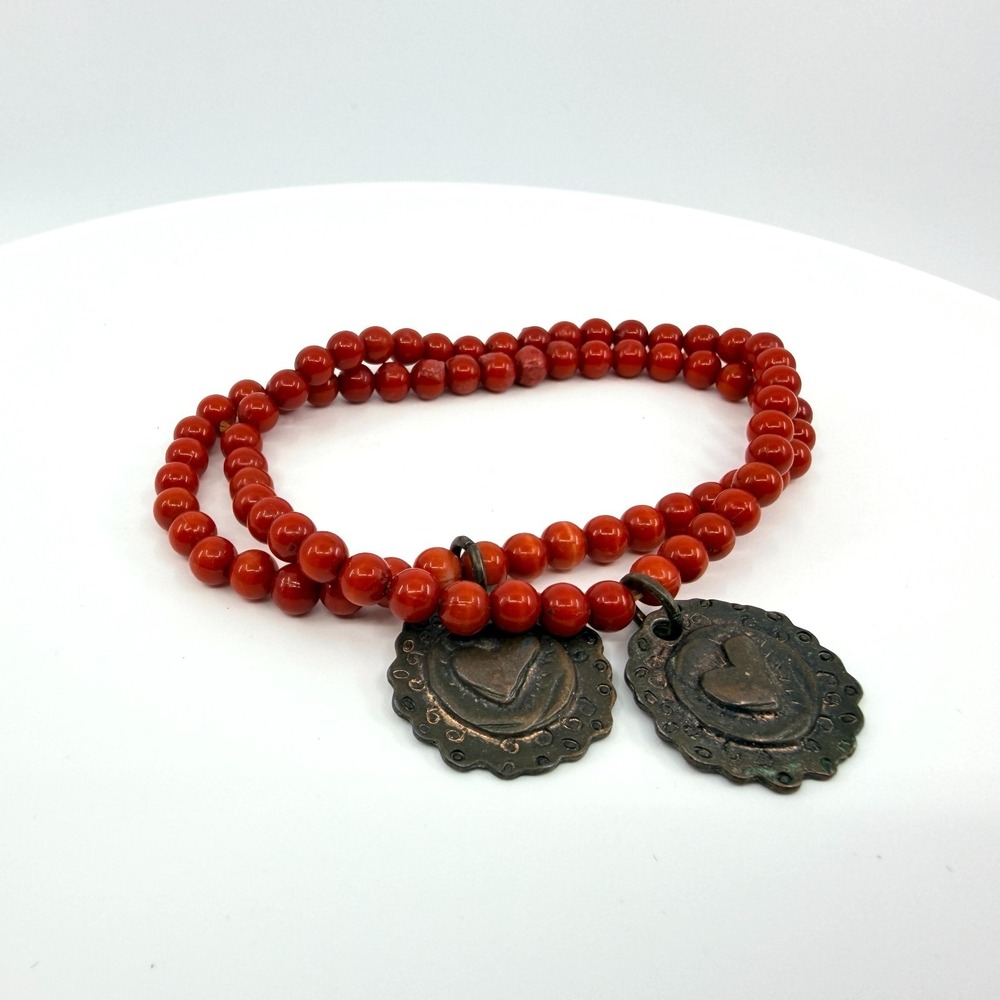 Vintage Red Beaded Double Strand Bracelet Bronze Heart Charms‎ Boho Artisan Y2K